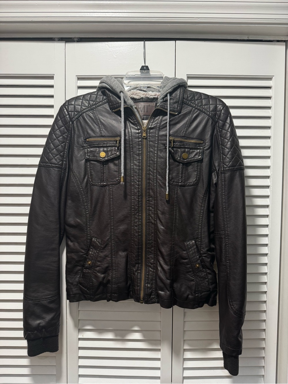 YMI Dark Brown Quilted Leather Bomber with Removable Hood